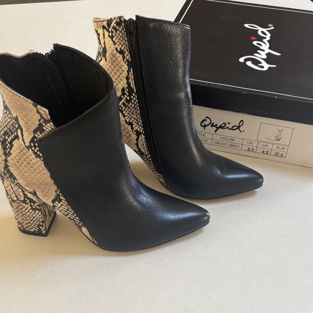 Qupid Black and Snake Print Ankle Booties